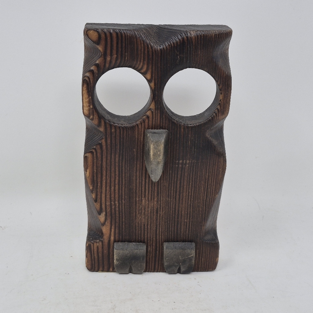 Vintage Hand Carved Wooden Owl Book End With Brass Bottom Plate